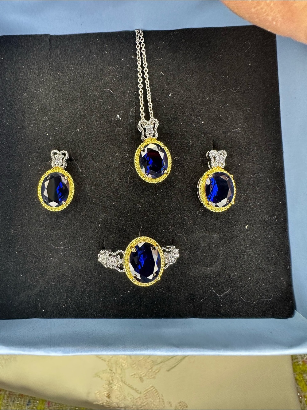 Blue Crystal Oval Pendant Necklace, Ring & Earrings Set